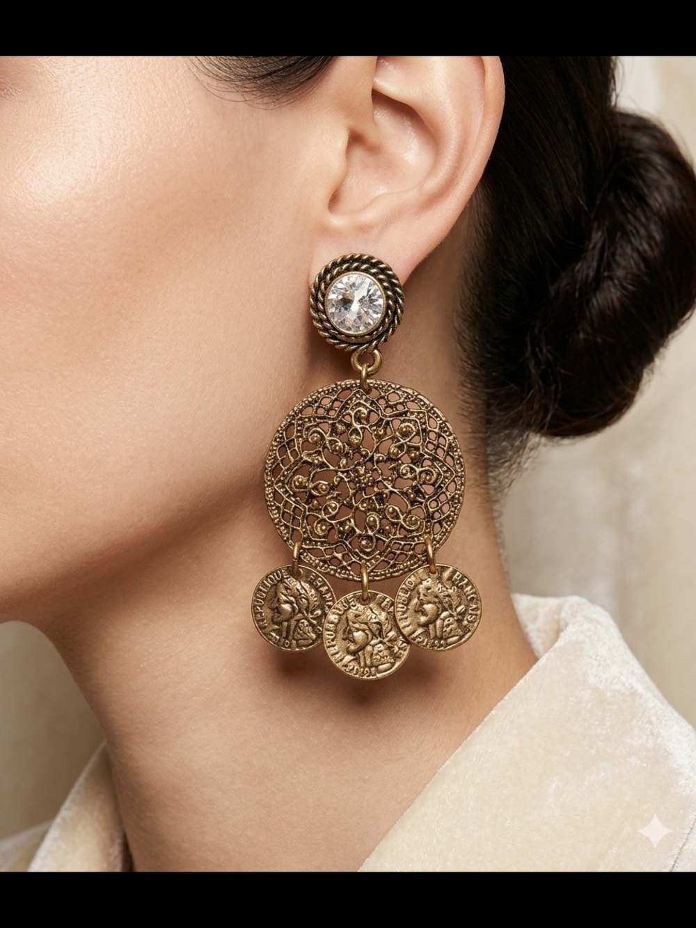 Vintage Gold Filigree Coin Dangle Earrings Rhinestone Boho Statement 2”